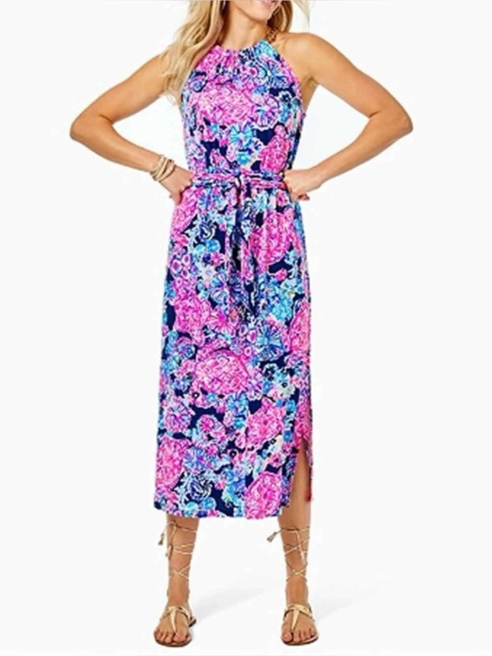 Lilly Pulitzer Bingham Midi Dress High Tide In Turtle Amazement Pink Blue Small